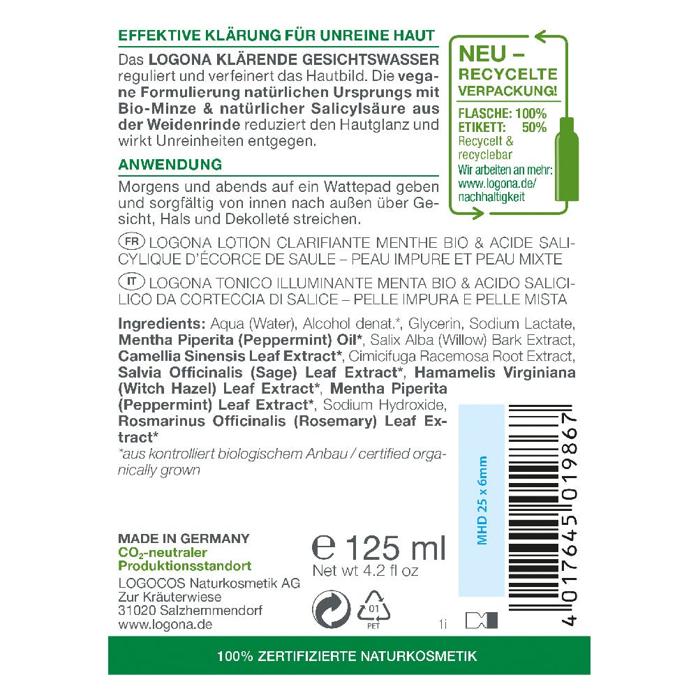 LOGONA Klärendes Gesichtswasser Bio-Minze & Salicylsäure 125 ml
