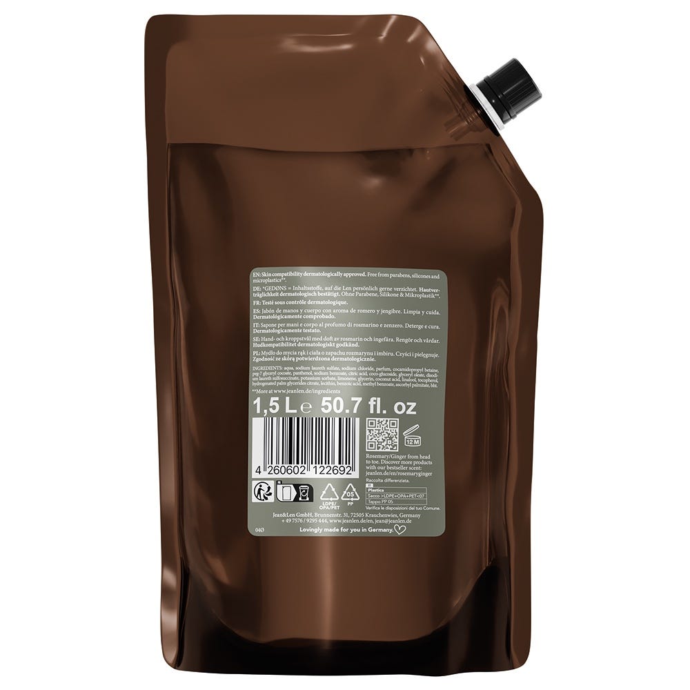 Jean & Len Hand & Bodywash Rosemary Ginger Nachfüllpackung 1500 ml