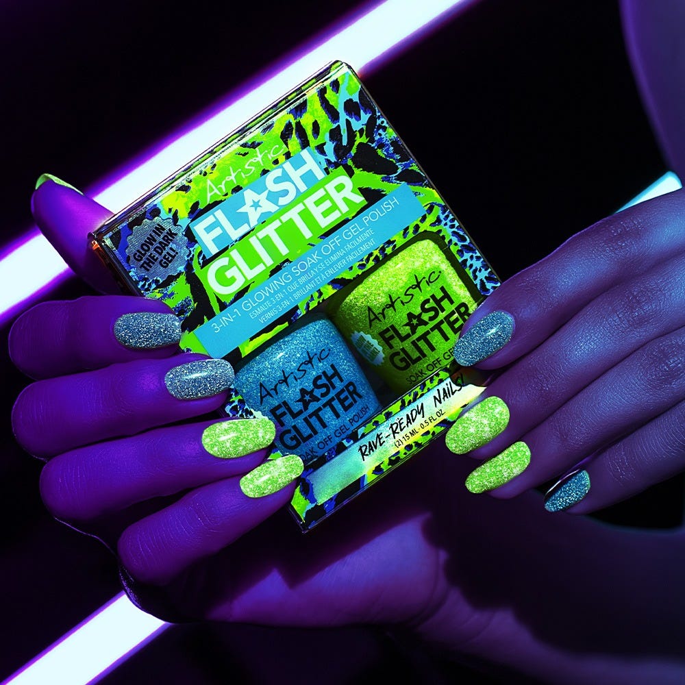 Artistic Nail Design Flash Glitter Glow In The Dark Kit Green & Turquoise 30 ml