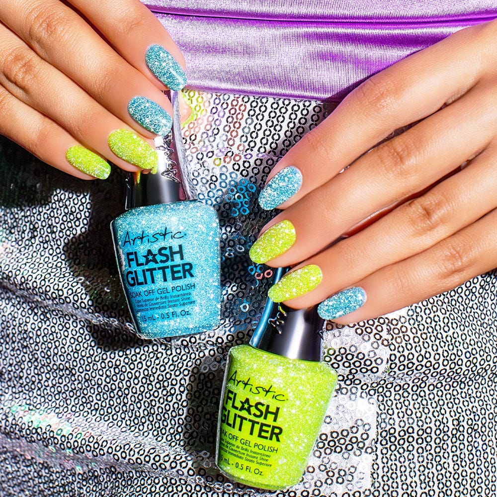 Artistic Nail Design Flash Glitter Glow In The Dark Kit Green & Turquoise 30 ml